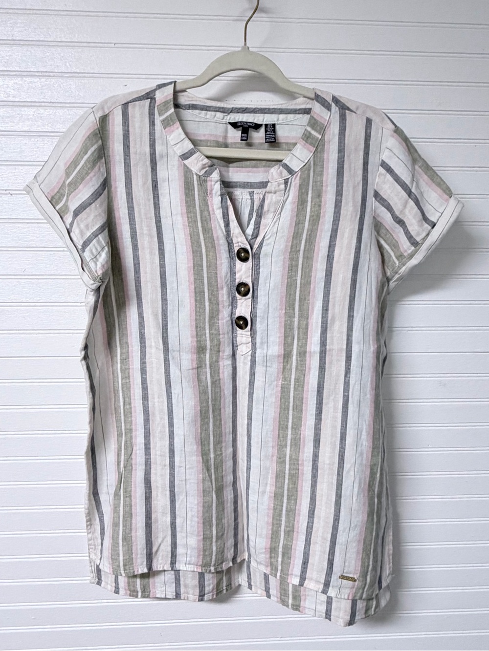 Ellen Tracy Linen Striped Henley in Cream, Sage & Gray
